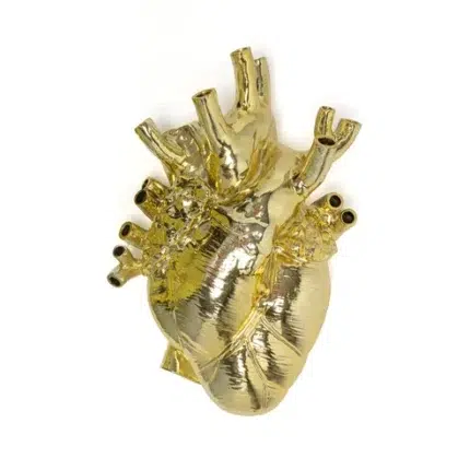 Oversized gold heart vase in fiberglass