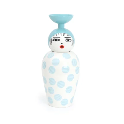 Side view of the tall porcelain lidded jar vase