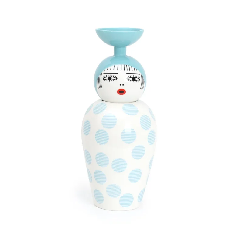 Side view of the tall porcelain lidded jar vase