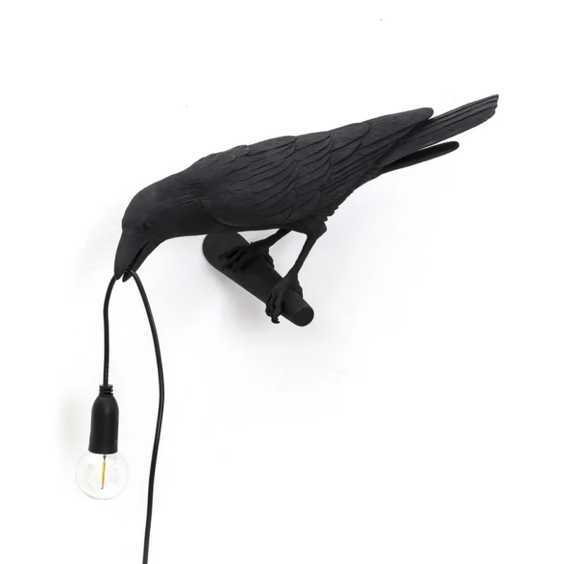 Table Lamp Raven Black Looking Left, full front view of the raven sculpture