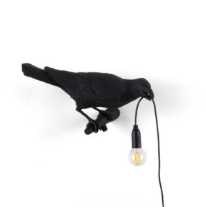 Table Lamp Raven Black Looking Right, full front view of the raven sculpture