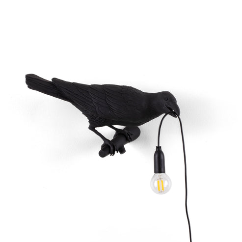 Table Lamp Raven Black Looking Right, full front view of the raven sculpture