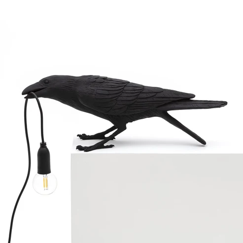 Table Lamp Raven Black Playing, full front view of the raven sculpture