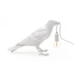 Table Lamp Raven White Waiting, full front view of the raven sculpture