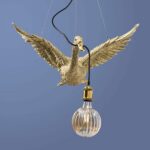 Ceiling Lamp Duck Gold, full front view of the flying duck sculpture