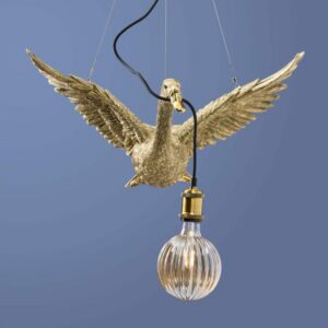 Ceiling Lamp Duck Gold, full front view of the flying duck sculpture