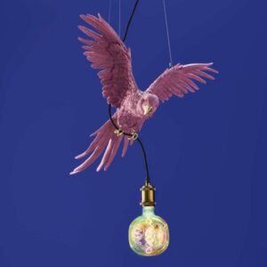 Ceiling Lamp Parrot Pink, full front view of the parrot sculpture