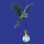 Ceiling Lamp Parrot Green, full front view of the parrot sculpture