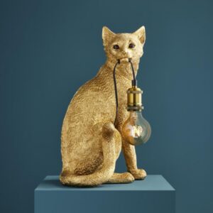 Table Lamp Cat Gold, full front view of the seated cat sculpture