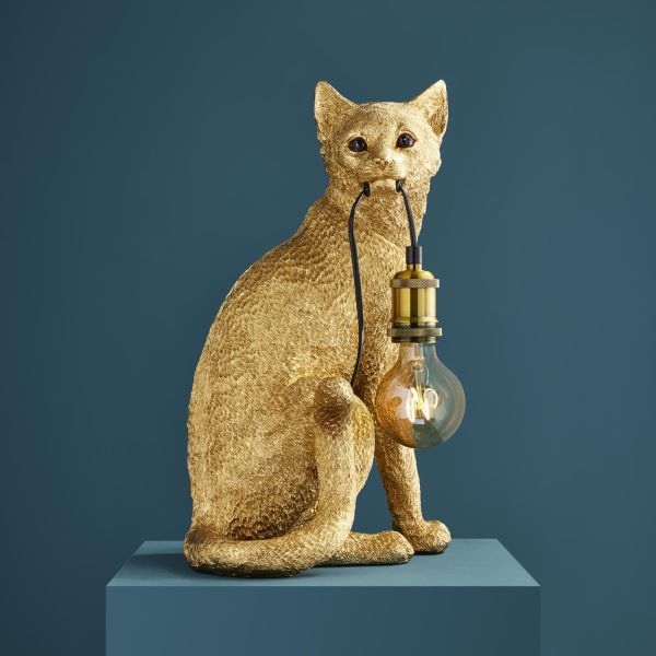 Table Lamp Cat Gold, full front view of the seated cat sculpture