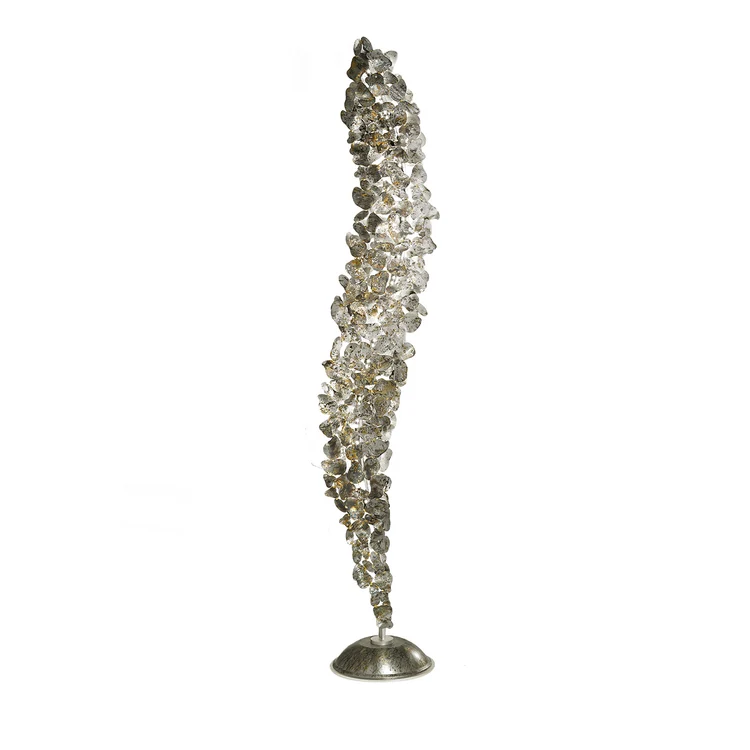 Silver floor lamp with petal design, front view