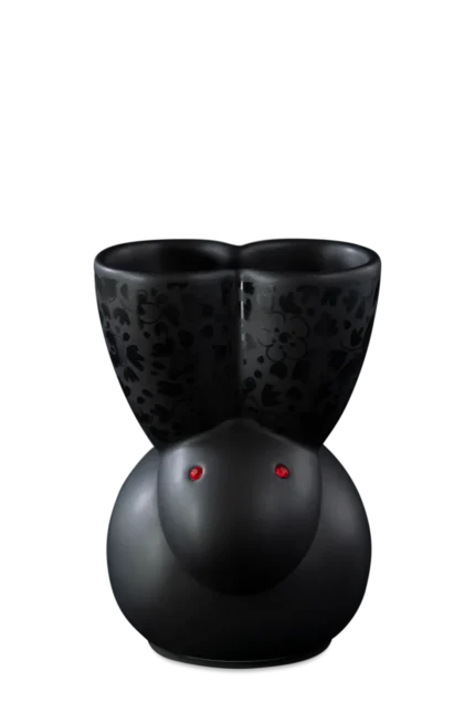 Black rabbit vase with gold accents, front view