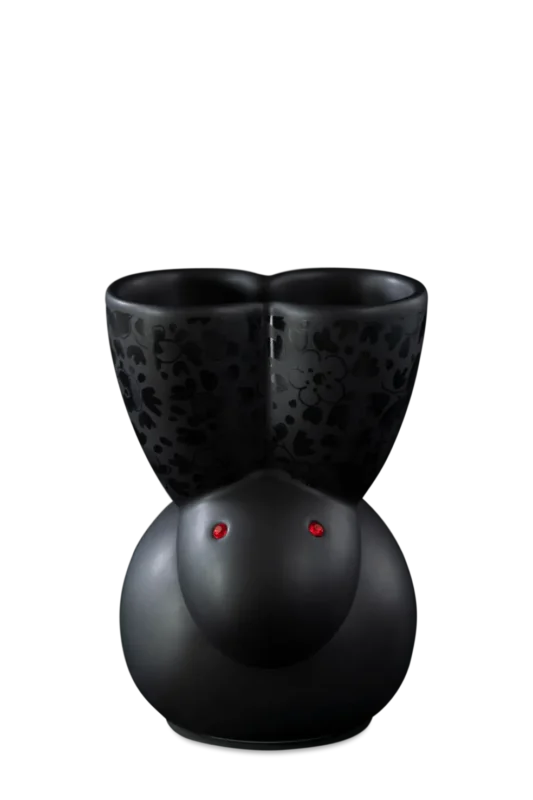 Black rabbit vase with gold accents, front view