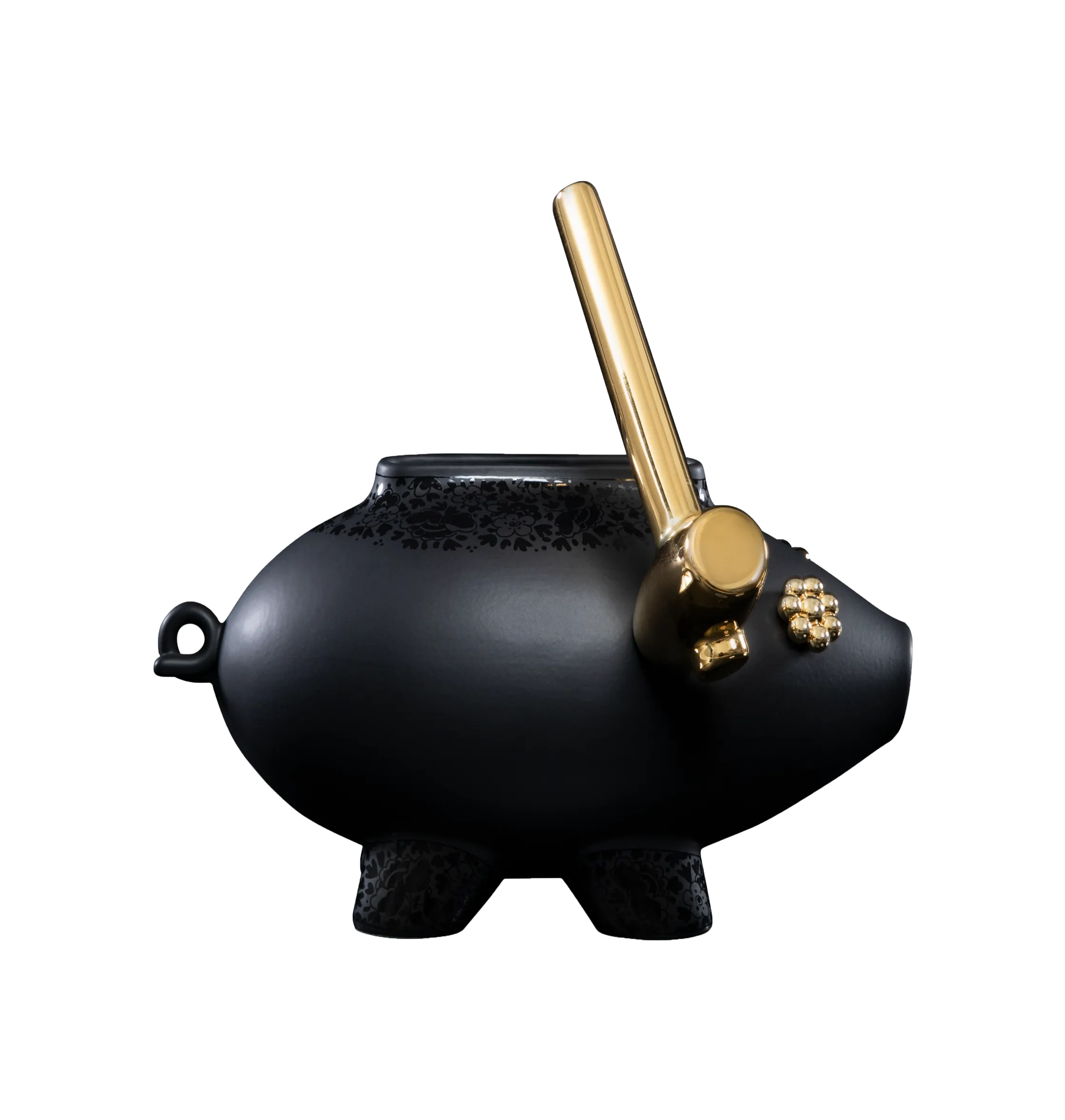 Delft Blue Vases Black Edition Black ceramic sculpture of a shattering piggy bank, front view