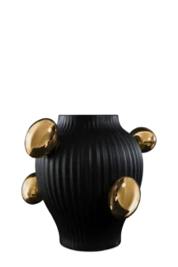 Black ribbed vase with gold accents, front view