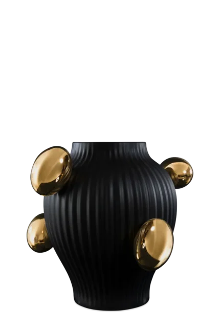 Black ribbed vase with gold accents, front view