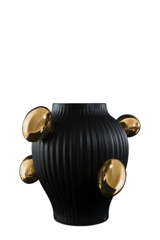 Black ribbed vase with gold accents, front view