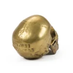 Gold human skull sculpture styled on a desk