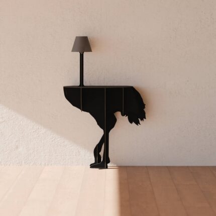 Sculptural ostrich console lamp in black, front view