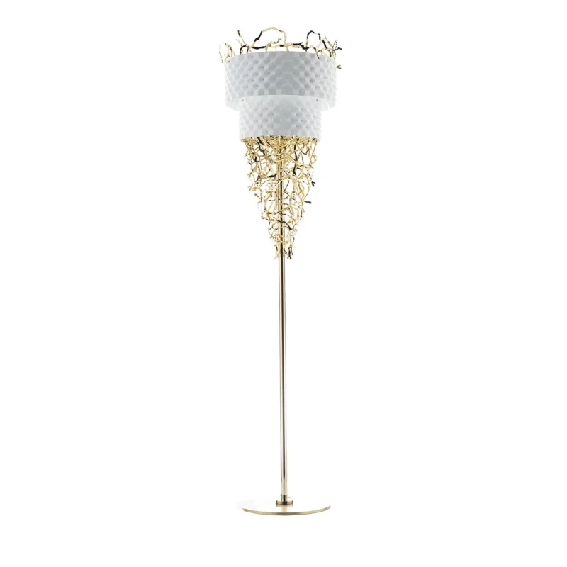 White and gold floor lamp with velvet band, front view