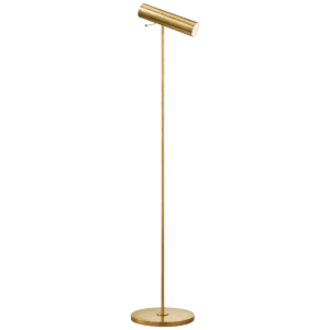 Antique brass floor lamp with pivoting drum shade, front view