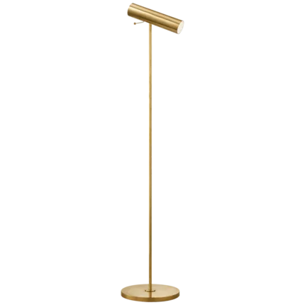 Antique brass floor lamp with pivoting drum shade, front view