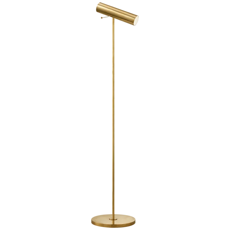 Antique brass floor lamp with pivoting drum shade, front view