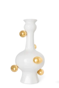 White porcelain vase with gold egg accents, front view