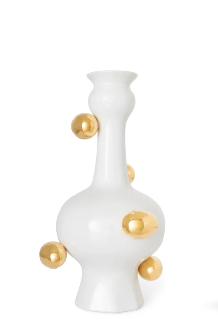 White porcelain vase with gold egg accents, front view