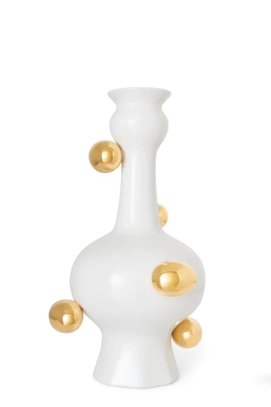 White porcelain vase with gold egg accents, front view