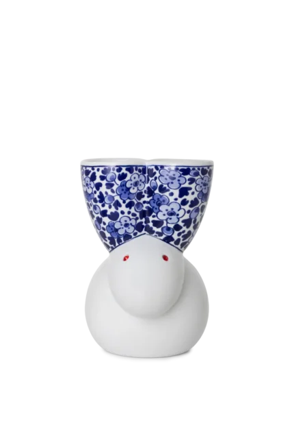 Blue and white rabbit vase, front view