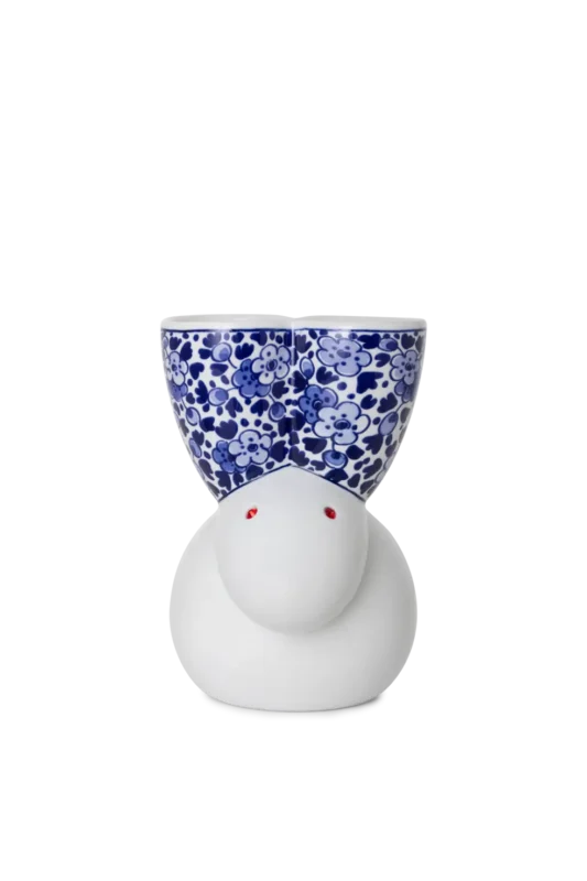 Blue and white rabbit vase, front view