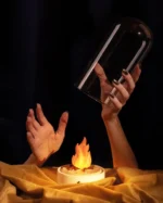 Table Lamp Miniature Scene Bonfire, shown on a nightstand