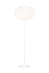 Globe floor lamp illuminated, showing woven texture