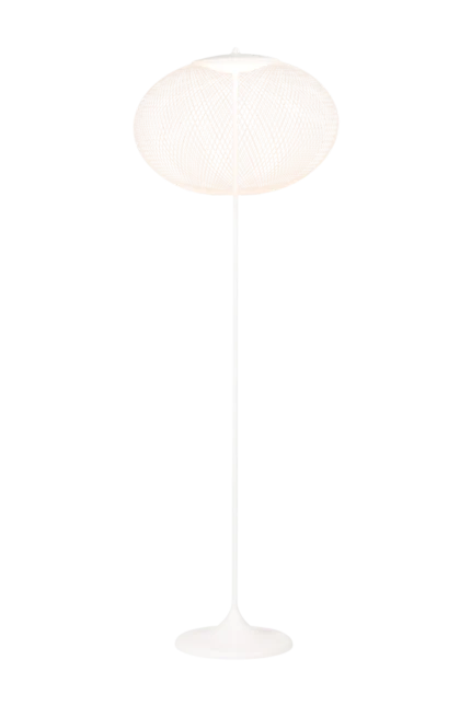 Globe floor lamp illuminated, showing woven texture