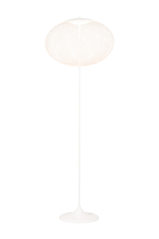 Globe floor lamp illuminated, showing woven texture