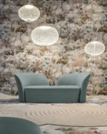 Globe floor lamp illuminated, showing woven texture