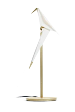 Bird table lamp in white and gold, front view