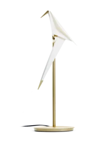 Bird table lamp in white and gold, front view