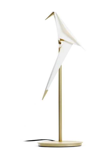 Bird table lamp in white and gold, front view
