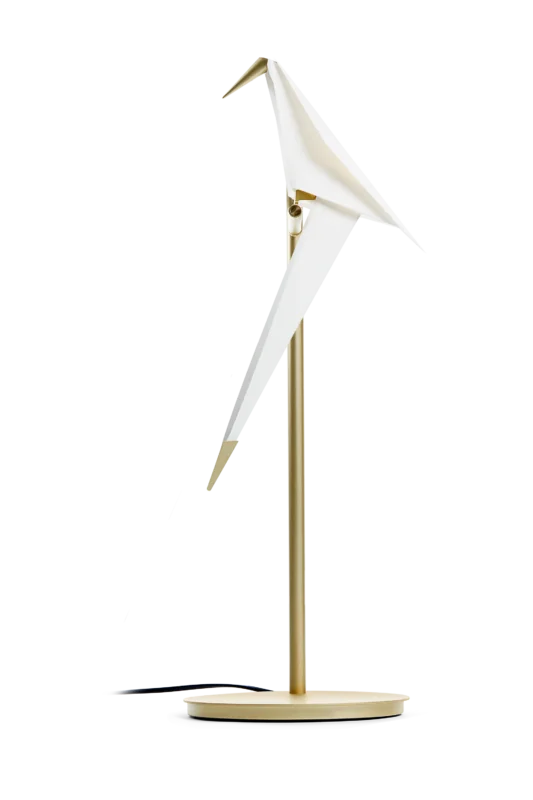 Bird table lamp in white and gold, front view