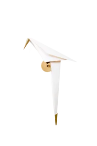 Detail of the origami-folded bird and brass perch