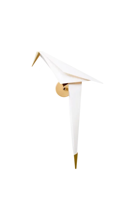 Detail of the origami-folded bird and brass perch