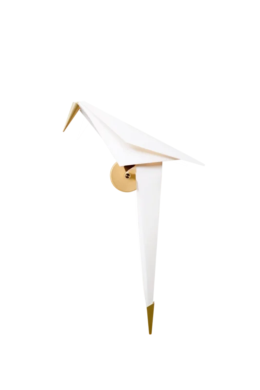 Detail of the origami-folded bird and brass perch
