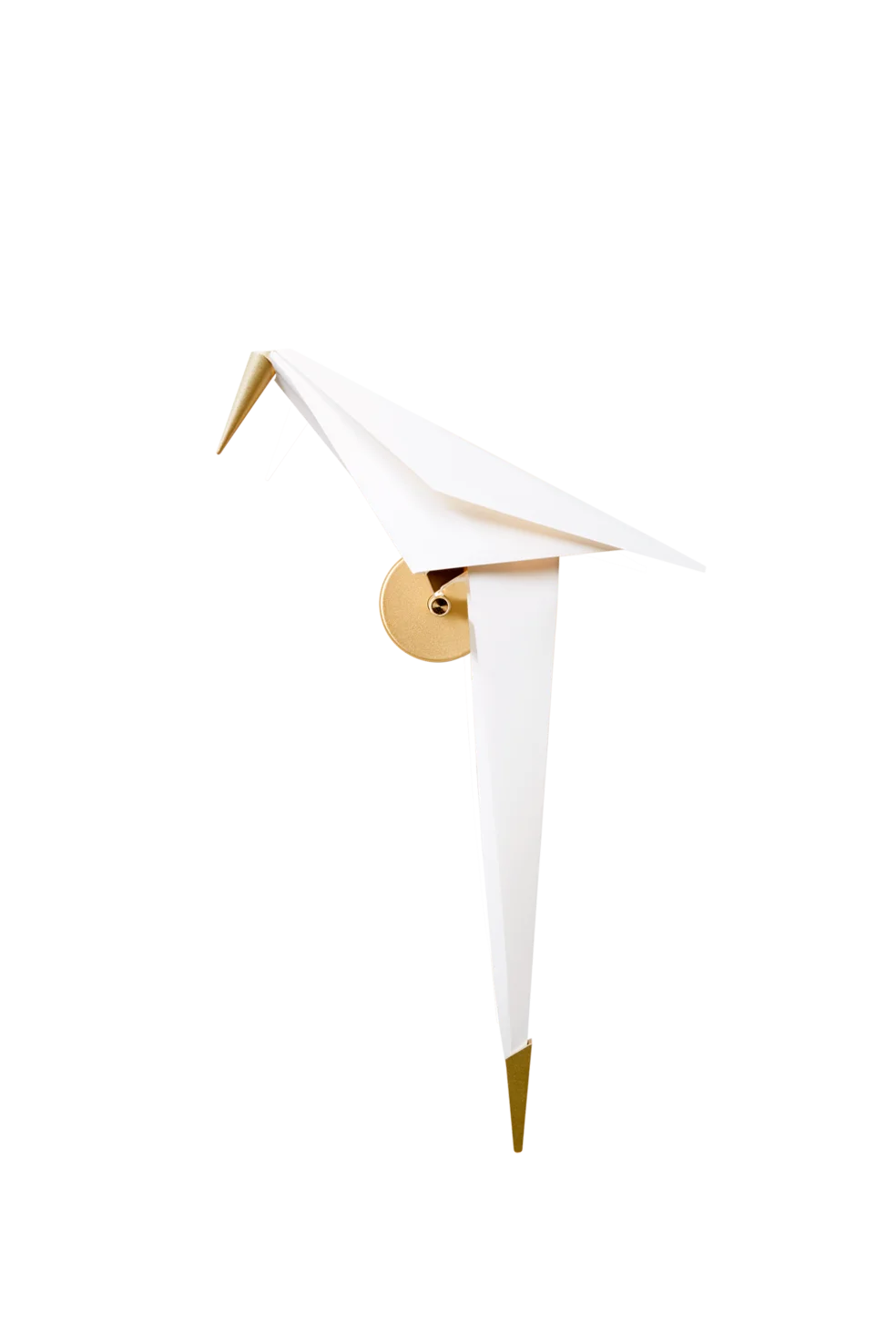Perch Light Wall Detail of the origami-folded bird and brass perch