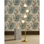 Tree floor lamp illuminated, all four lights on