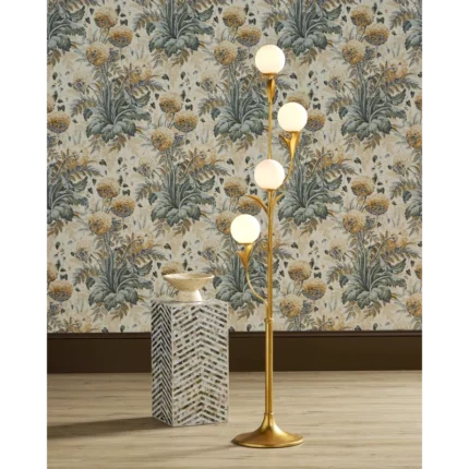 Tree floor lamp illuminated, all four lights on
