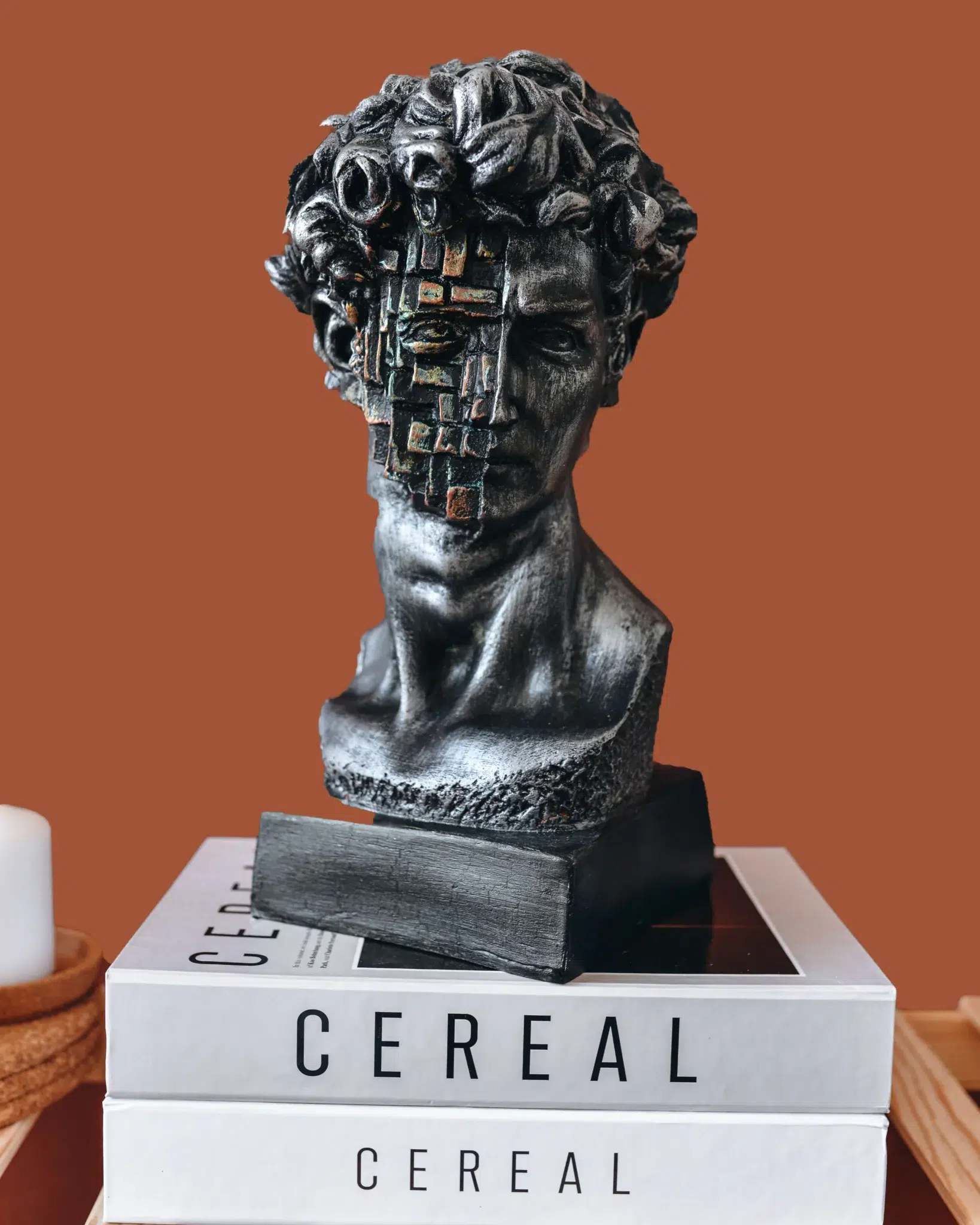 Contemporary sculptural bust displayed on stacked books in a modern interior