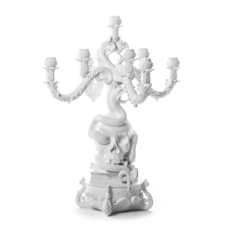 skull candle holder, giant white design, front view