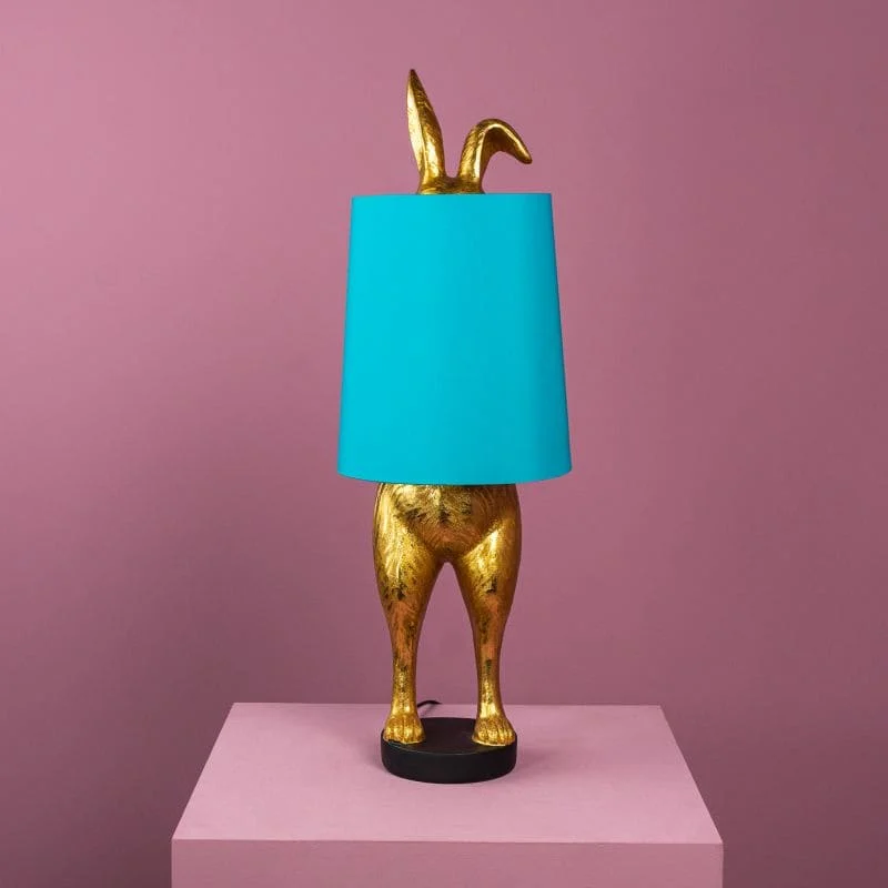Table Lamp Rabbit Gold and Turquoise, full front view of the rabbit sculpture